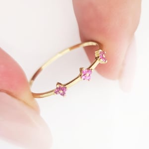 Minimalist Solid Gold Ring with Pink Sapphire Flowers, Tiny Pink Stone Flower Ring, Handcrafted Delicate Flower Gold Ring, Natures Gold Ring