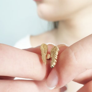 Feather Gold Earrings, Angel Wings Stud Earring, Real Solid Gold Stud, Meaningful Anniversary Gold Gift, Minimalist Gold Earring,