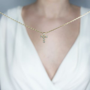 Solid Gold Cross Diamonds Necklace, Solid Gold Religious Necklace, Gold Diamond Cross, Baptism Solid Gold  Gift, Gold Necklace For Godchild