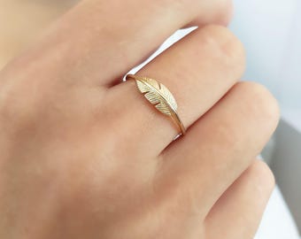 Solid Gold Feather Ring, Nature Inspired Band