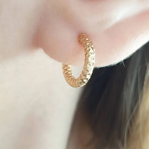 Handcrafted Textured Solid Gold Hoop Earrings, Patterned Earrings,Minimalist Gold Earrings, Geometric Faceted Earrings,Unisex Gold Hoop Gift