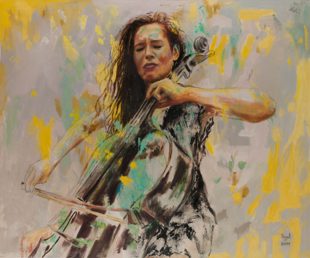 Original Large Oil Painting: Cello Player, Home Decor, Living Room Wall ...