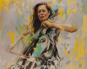 Original Large Oil Painting: Cello Player, Home Decor, Living Room Wall Art