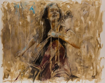 Original signed large oil painting of a woman playing the cello