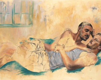Large oil and charcoal painting on original signed canvas of a couple of men on a couch