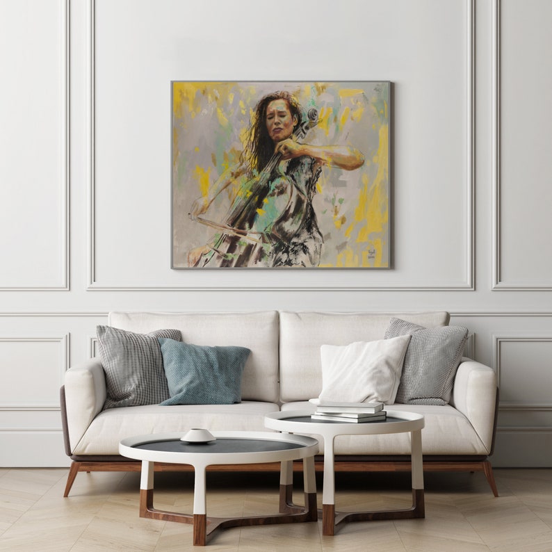 Original Large Oil Painting: Cello Player, Home Decor, Living Room Wall ...