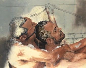 Couple Men Bathing in Jacuzzi Painting, Original Signed Oil and Charcoal Wall Art, LGBT Artwork
