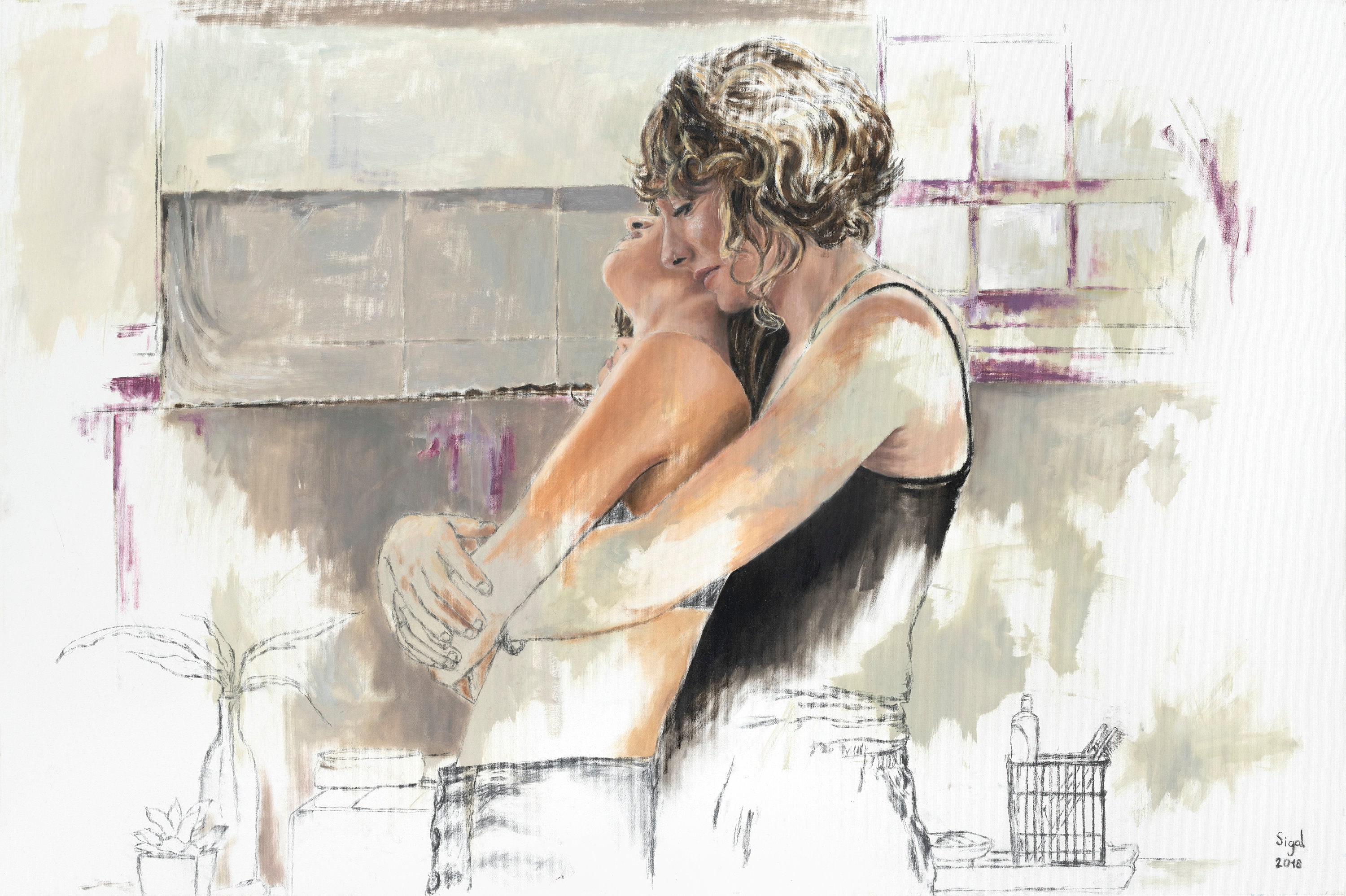 Original signed oil and charcoal painting on canvas of a couple of loving women