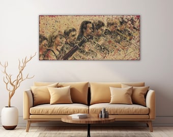 Large oil painting on original signed canvas. Musical composition of wind instruments in concert