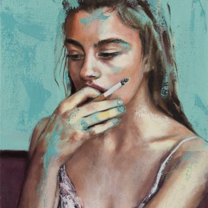 Sigal Miller painting print on canvas Beautiful woman with a cigarette