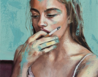 Sigal Miller painting print on canvas Beautiful woman with a cigarette