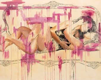 Original signed large oil and charcoal painting of two women on a couch