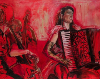 Oil painting on large original signed canvas of a musical ensemble during a concert