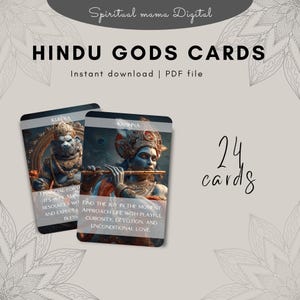 Op de afbeelding: Hindoegodenkaarten met illustraties van Kubera en Krishna. De kaarten hebben tekst met de tekst "Financial Forti..." en "Find the joy in the moment...". De afbeelding bevat ook de tekst "24 kaarten" en "Direct downloaden | PDF-bestand".