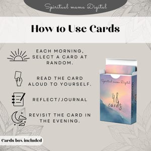 Instructional image on How to Use Cards. Steps are: Select a card at random, read the card aloud, reflect/journal, and revisit the card in the evening. Shows a mockup box for the 48 cards. Ideal for customers of thejournalcraftshop looking to build a consistent and meaningful daily routine.