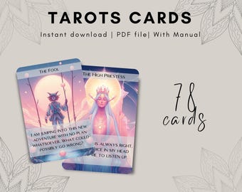 Printable Tarot Deck 78 Cards PDF, Full Rider Style Tarot Cards, Beginner Tarot Guide Book, Digital Divination Deck, Witchy Gift Download