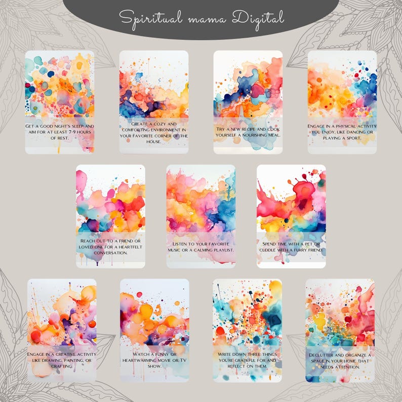 Another collection of ten Printable Self-Care Cards. Activities focus on comfort and connection: getting 7-9 hours of rest, creating a cozy environment, cooking a nourishing meal, engaging in physical activity, connecting with a loved one or pet, and engaging in a creative activity like drawing or painting. Keywords: Mental Health Toolkit, Daily Self-Love, Stress Relief.