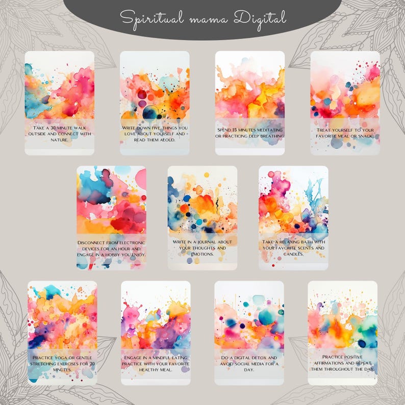 A grid showing ten specific Self-Care Activity Cards with colorful watercolor designs. Activities include: taking a nature walk, practicing meditation, engaging in mindful eating, taking a relaxing bath, doing a digital detox, and writing in a journal about emotions. Excellent Digital Download for improving mindfulness.