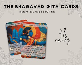 Tarjetas del Bhagavad Gita, mazo de 48 tarjetas imprimibles de afirmaciones hindúes, guía de Dharma, sabiduría y karma yoga, regalo de meditación espiritual, descarga en PDF