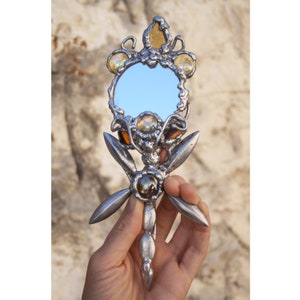 MIROIR MAGIQUE N° 5/Miroir en vitrail inspiré de Tiffany/Miroir décoratif à main/Miroir de courtoisie ornemental/Miroir argenté avec perles de verre