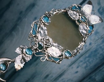 Silver Mirror with Blue Glass and Agate/ MAGIC MIRROR/Art Nouveau Hand Mirror with Handle/ Stained Glass Metal Mirror/ Wedding Brid's Gift