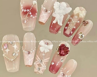 milkjoy angel blush wings ballet ribbon y2k japanese style press on nails tips