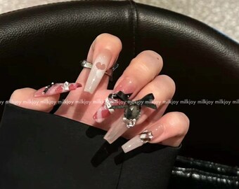 milkjoy ribbon black pink y2k japanese style press on nails tips