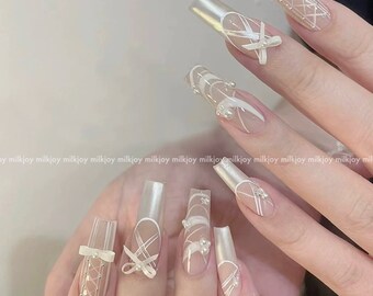 milkjoy metallic ballet ribbon y2k japanese style press on nails tips