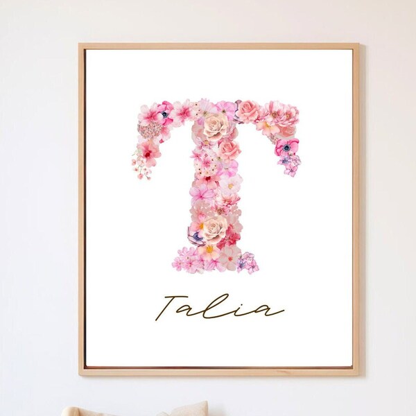 Custom flowers Initial Prints, Pink Floral nursery Wall Art, Watercolor flowers, Baby girl Nursery Wall Art, Personalized name sign