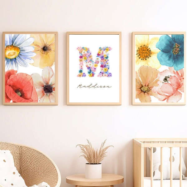 Custom flowers Prints, Colorful Floral nursery Wall Art, Watercolor flowers, Baby girl Nursery Wall Art, Personalized name sign Initial