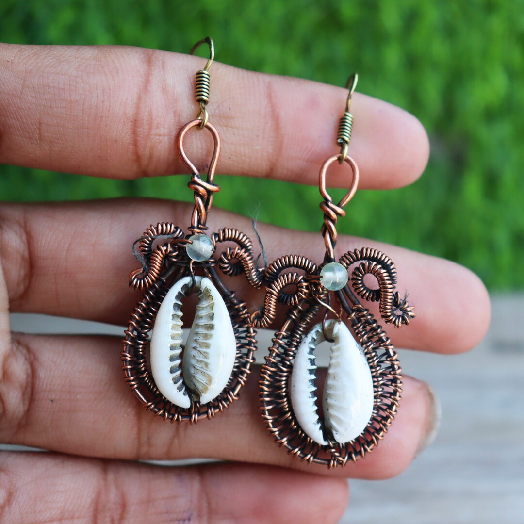 Cowrie Shell Earring, Charm Earring, Copper Jewelry Designer Dangle