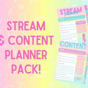 May include: A digital stream and content planner pack featuring two pastel-colored pages with pink and blue text. The pages include sections for titles, game details, checklists, and resource lists, set against a background with gaming icons.
