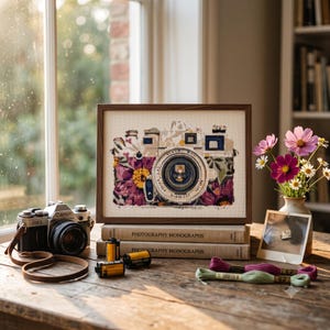 May include: A framed cross-stitch embroidery depicting a vintage camera surrounded by purple and yellow floral patterns. The artwork rests on two books titled Photography Monographs, accompanied by a film camera, film rolls, and embroidery floss.