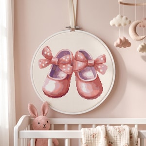 Pink Baby Shoes Cross Stitch Pattern | Polka-Dot Bows Nursery Art (PDF Download)
