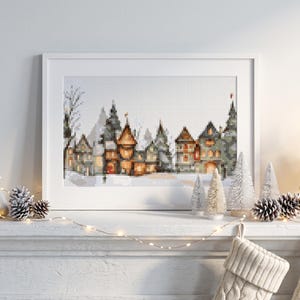 Winter Village Cross Stitch Pattern | Watercolor Snow Houses, Festive Holiday Art (PDF Download)