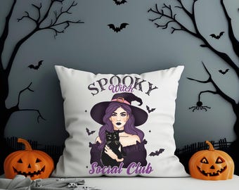 May include: White pillow with a purple and black illustration of a witch holding a black cat. The text "Spooky Witch Social Club" is printed on the pillow.