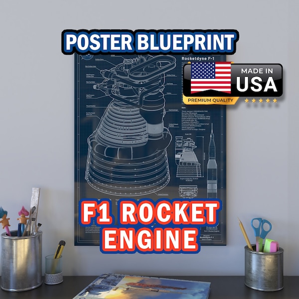 Poster du moteur de fusée F1 - Plan détaillé du moteur de fusée lunaire de la NASA Saturn V