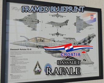 Dassault Rafale FRAMED blueprint - Croatian Air Force, Hrvatsko Ratno Zrakoplovstvo wall art military jet