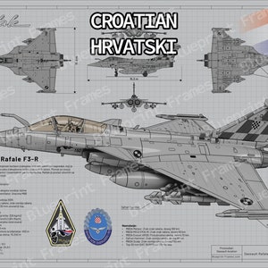 Dassault Rafale FRAMED blueprint - Croatian Air Force, Hrvatsko Ratno Zrakoplovstvo wall art military jet