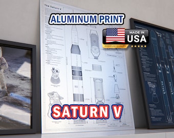 SATURN V - Brushed ALUMINUM print, Premium wall art of NASA moon rocket with Apollo spacecraft