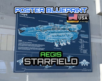 Starfield AEGIS POSTER blueprint - Bethesda Starfield Hoplite variant ship wall art, gaming and sci-fi wall art for geeks