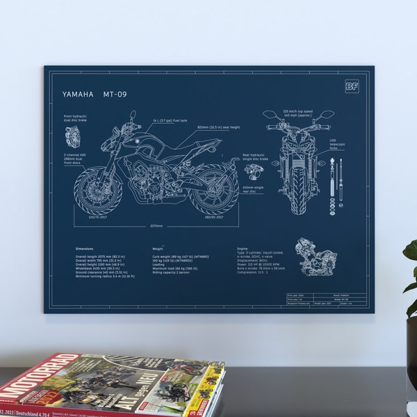 YAMAHA MT-09 Blueprint Wandkunst - gedrucktes POSTER Geschenk für Motorrad-Enthusiasten mit personalisierter Nachricht