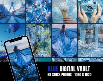 May include: A collage of blue-themed stock photos. Images include a Ferris wheel, perfume bottles, a person holding ice cream, a camera, hot air balloons, wisteria, a person in a blue dress, a flower shop, and a phone displaying a woman in a blue dress. Text: BLUE DIGITAL VAULT.