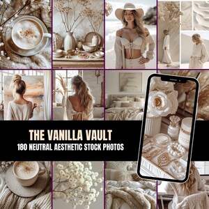 May include: A collection of 180 neutral aesthetic stock photos. The images feature a variety of scenes, including a cup of coffee, floral arrangements, a woman on the beach, and interior design elements. The color palette is primarily beige and cream.