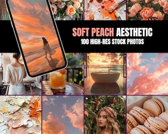 May include: A collage of images featuring a soft peach aesthetic. The images include a sunset over the ocean, a woman walking on the beach, a peach-colored sky with clouds, a bathroom with a bathtub, a close-up of paint strokes, a woman with long hair, and a plate of macarons.