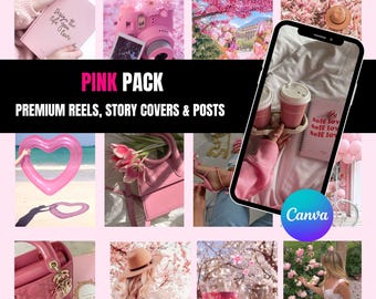 Pink Instagram Content Bundle, Reels, Story Covers (Canva Download)