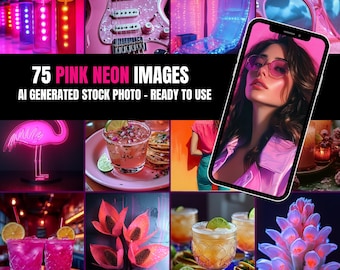 Puede incluir: Una colección de 75 imágenes de neón rosa, fotos de stock generadas por IA listas para usar. Las imágenes incluyen un flamenco, una guitarra, un cóctel, una mujer con gafas de sol, una planta y una escena tropical.