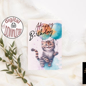happy Birthday card with a cute, laughing kitten, holding baloons, instant download printable card, ideal for cat lovers