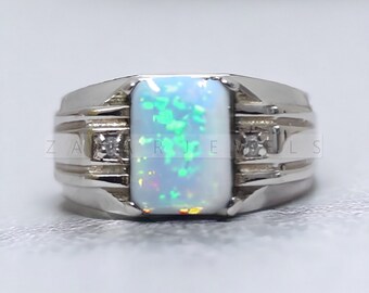Natural Opal Men Ring AAA Quality Opal Gemstone Ring, Handmade Fire Opal Ring Personalised Engraving Men Gift 14K Gold Over Ring For Men