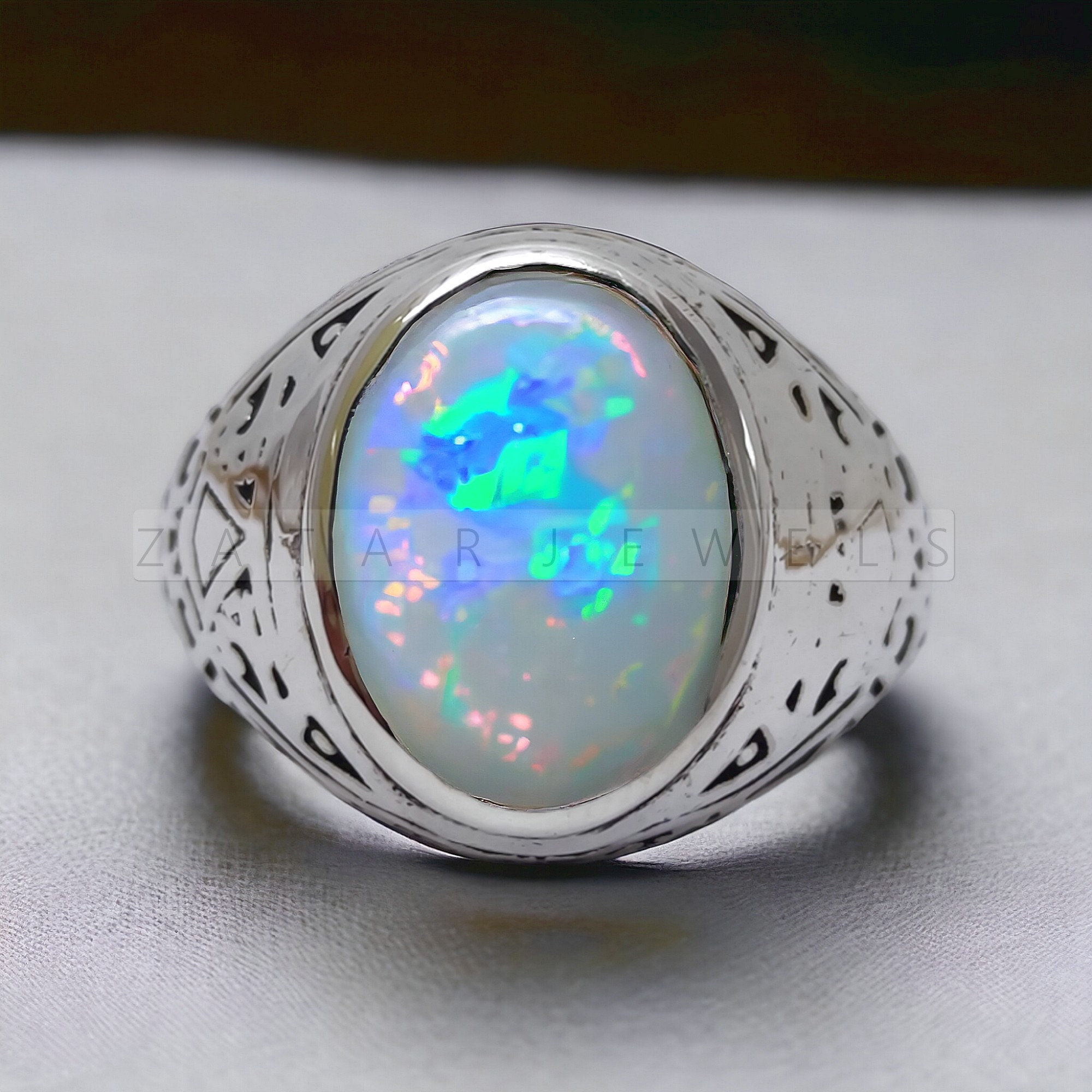 ★47bag ★ 925 Silver Opal Birthstone Raw Stone Ring Tierra 55Carat Natural Opal Silver Ring for Men 4 Carat October